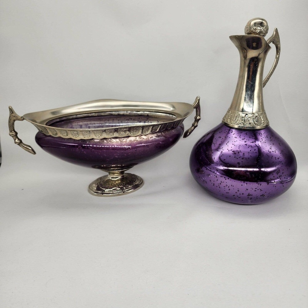 Decorative Purple & Silver Bowl and Claret Jug Set